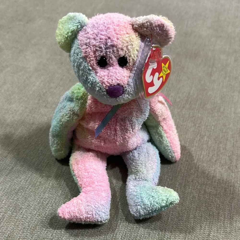 Ty Beanie Baby Groovy Pink and Green Stuffed Animal Bear